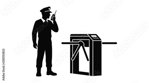 Security guard with radio near turnstile access control black silhouette