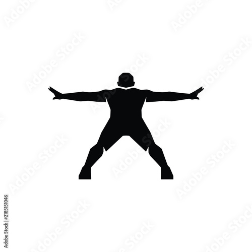 Silhouette of a man in a wide stance with arms outstretched, depicting the starting or ending position of a jumping jack.