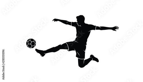 Explosive silhouette of a soccer player executing a mid-air kick, capturing dynamic athleticism and acrobatic skill in football.