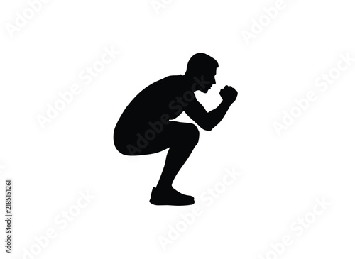 Simple silhouette of a man performing a basic bodyweight squat, a fundamental exercise for lower body strength and fitness.
