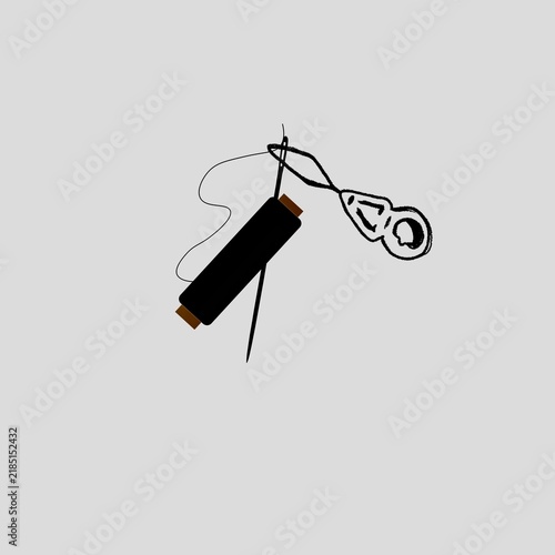 vector Minimalist Digital Illustration of Sewing Needle, Black Spool, and Thimble on Grey Background