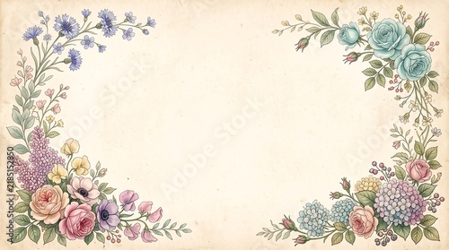 Vintage floral frame border with watercolor roses and wildflowers on aged antique cream parchment paper.
