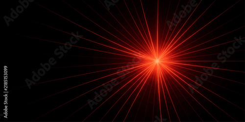 A vibrant red laser light beam with radiating starburst effect emanates from a central point against a dark backdrop, creating a dynamic and energetic visual.