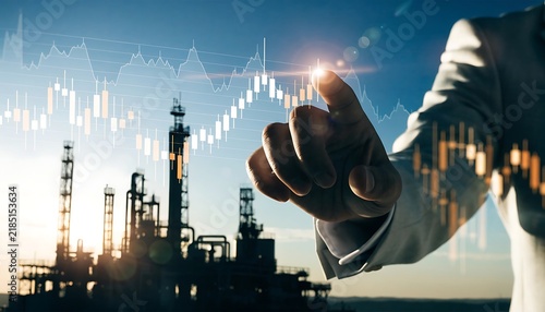 Concept of global oil market fluctuations and energy crisis. financial candlestick chart and price trends. economic instability, fuel price analysis