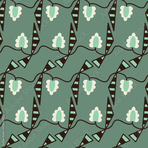 Seamless pattern with white abstract flowers and striped dark brown triangles. Folk botanical layout for modern retro sage wallpaper, wrapping paper and textiles.
