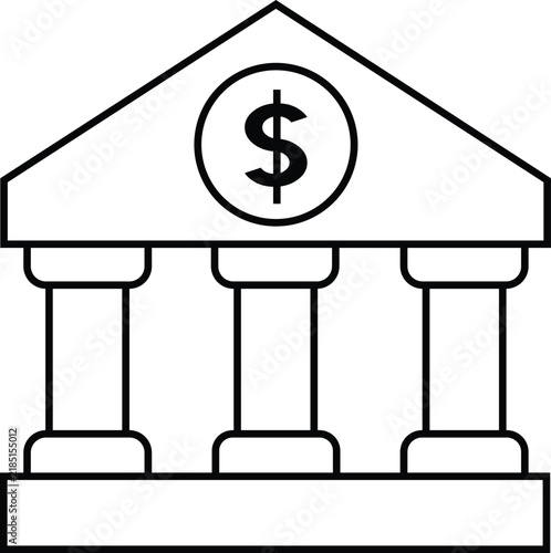 Bank building vector icon with dollar currency symbol and classic pillars in outline style EPS