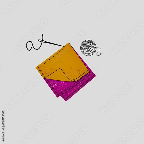 vector Minimalist Digital Illustration of Sewing Needle, Black Spool, and Thimble on Grey Background
