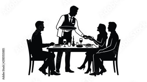 Restaurant scene with waiter serving diners black silhouette