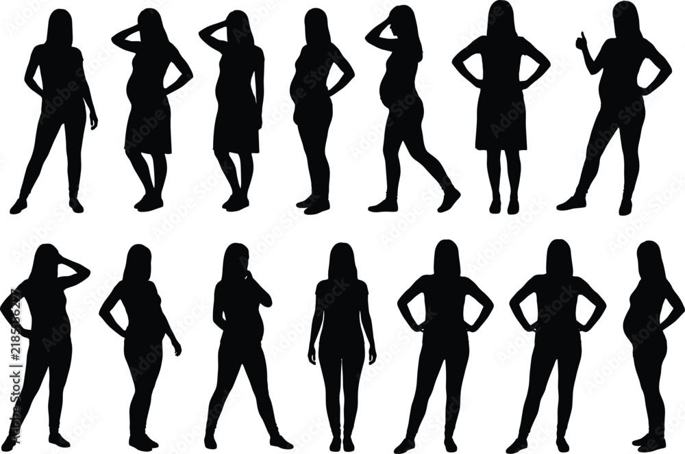 Fototapeta premium Collection of Female Fashion Silhouettes in Various Standing Poses Isolated on White Background