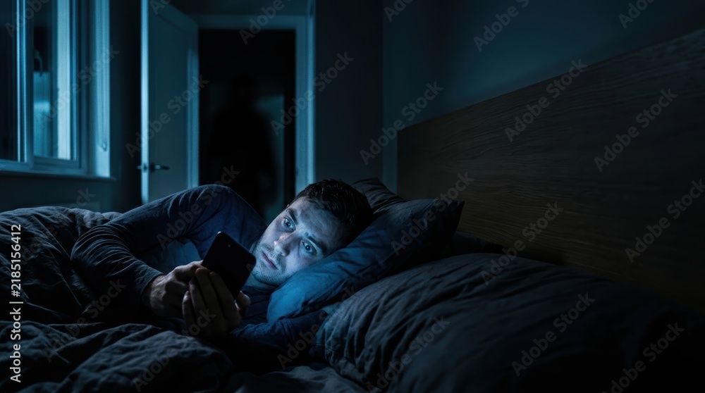 Fototapeta premium Fearful young man in dark bedroom using smartphone with mysterious shadowy figure in doorway, cinematic suspense with copy space