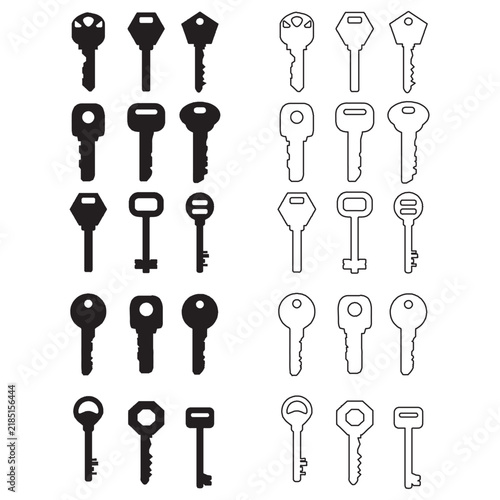 Vintage Key Icons Collection – Black Silhouette and Outline Vector Set