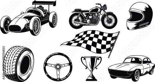Vintage motorsport vector set containing eight separate isolated objects: classic racing car, vintage racing motorcycle, leather racing helmet, checkered racing flag, racing tire, classic steering whe