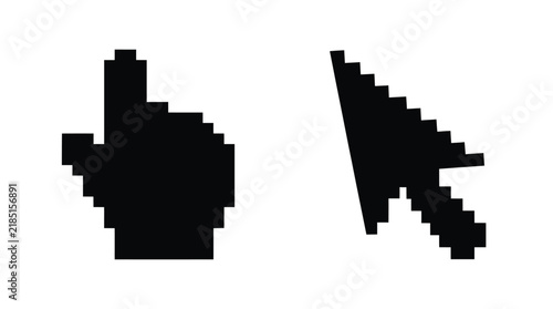 Pixelated hand and arrow cursor silhouettes on a white background