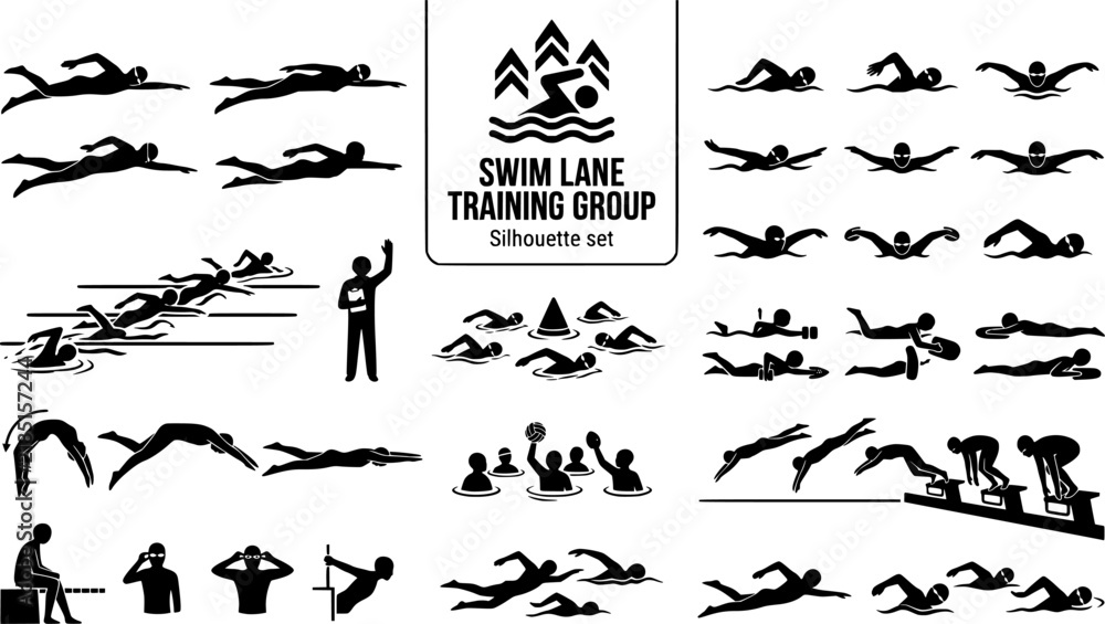 Fototapeta premium Swimming Pool Lane Training Group Silhouette Set Black White Sport Bundle Vector Illustration Isolated 