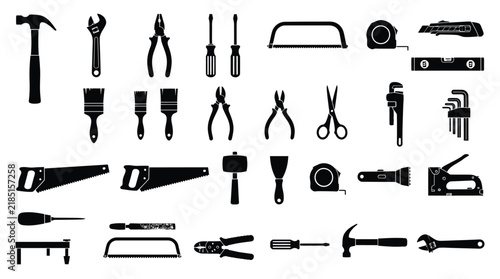 Collection of black silhouettes depicting various hand tools on a white background
