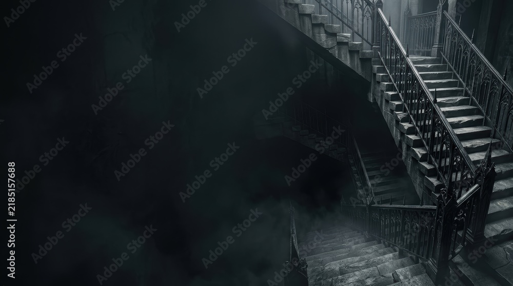 Obraz premium Gothic Architectural Horror Banner with Ancient Stone Staircase Descending into Dark Misty Abyss and Wide Copy Space
