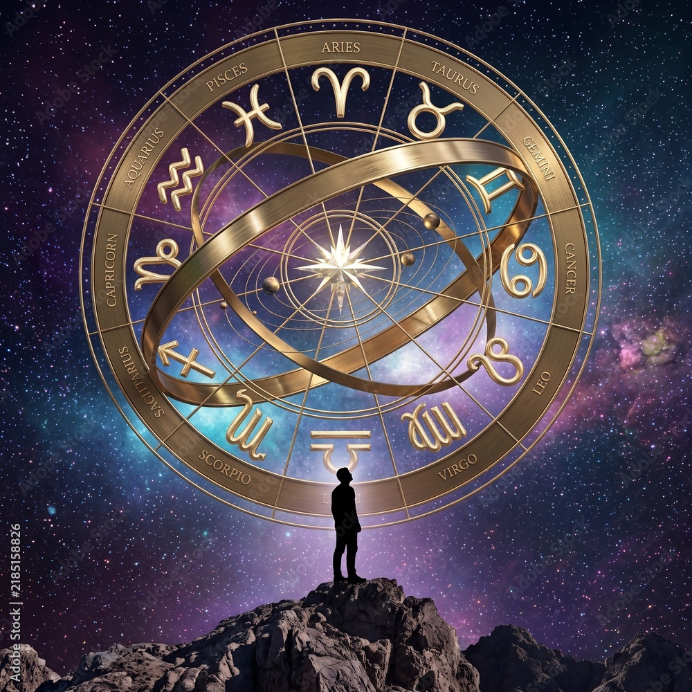 Fototapeta premium Astrology Zodiac Wheel with Figure in Cosmic Landscape