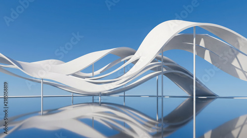 Futuristic curved architectural canopies and structures reflecting on blue generated using ai