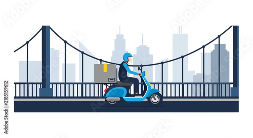 Courier Riding Blue Scooter across City Bridge Flat Vector Illustration for Logistics and E-commerce Delivery