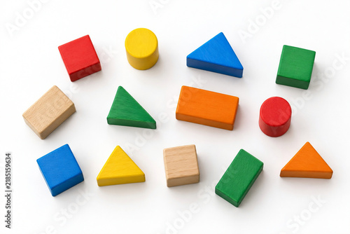 Colorful Wooden Geometric Blocks for Kids Education Isolated on White Background