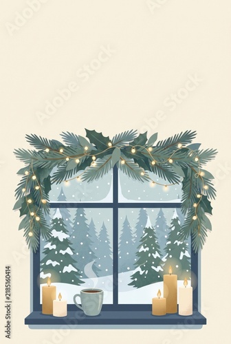 Cozy window decorated with evergreen branches and fairy lights, snowy pine forest outside, mug and candles on windowsill. Flat Christmas card illustration of warm winter evening. With copy space