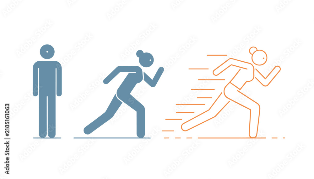 Obraz premium Progression of stick figures depicting a person starting from a standstill and moving into a very fast run.