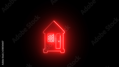 Neon red glowing outline of a small house icon on a black background with red neon light shaped simple house symbol