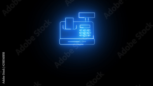 Glowing neon blue line art icon of a classic cash register for retail and point of sale with register checkout business commerce