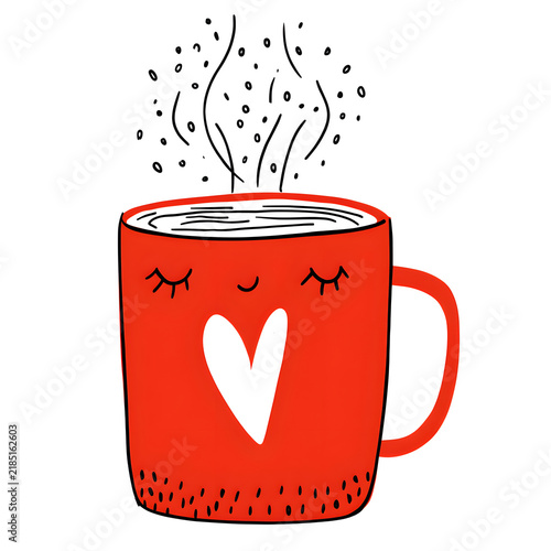 Cute Red Coffee Mug with Heart and Sleeping Face 