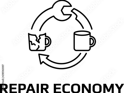 Repair economy icon with wrench and mug showing restoration and circular sustainability.