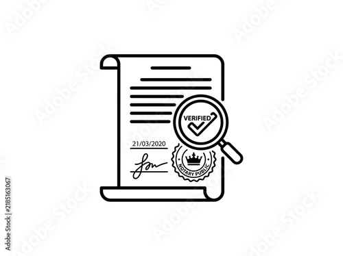 Notary public document icon with magnifying glass and verified stamp for legal verification