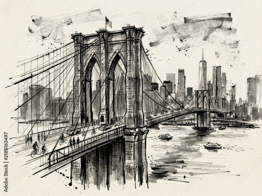 Obraz premium Ink sketch of the brooklyn bridge in new york city with city skyline and river