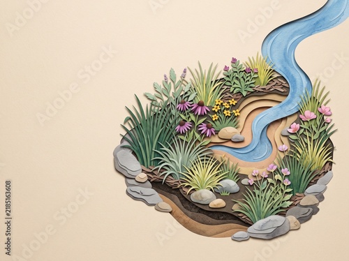 Paper cut art of drought tolerant garden with winding stream and native plants. Xeriscaping and rainwater management concept. Climate adaptation and heat resilient urban landscaping design.