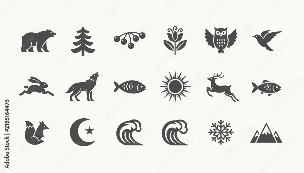 Fototapeta premium Collection of minimalist black nature and forest icons including animals trees and natural elements on a clean off-white background square.