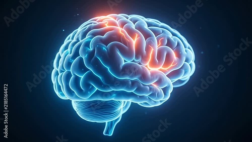 Glowing human brain neural network activity pulsing with bright orange light in digital animation video footage