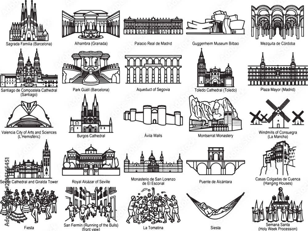 Fototapeta premium A collection of iconic Spanish landmarks and cultural symbols rendered in a clean, illustrative line art style, showcasing architectural marvels and artistic heritage.