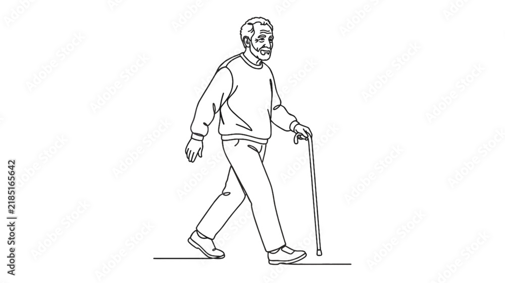 Obraz premium Elderly Man Walking Senior Lifestyle Continuous Line Art Vector Illustration