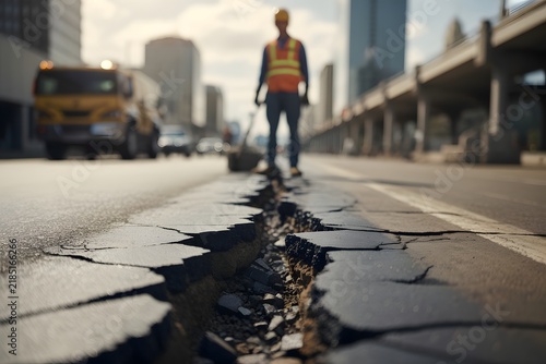 Severely cracked asphalt road surface in a city requiring urgent repair by construction workers