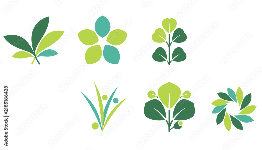 Fototapeta premium Collection of six abstract green leaf logo designs using various geometric shapes to represent nature, health, and environment.
