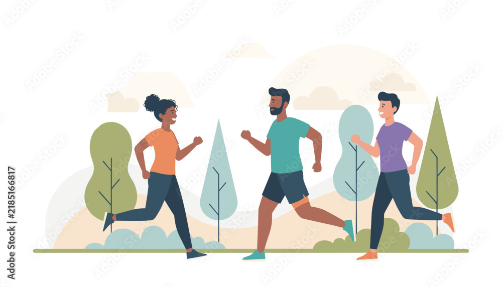 Fototapeta premium Group of three diverse friends jogging through a sunny park with lush green trees and a scenic mountain background for fitness.