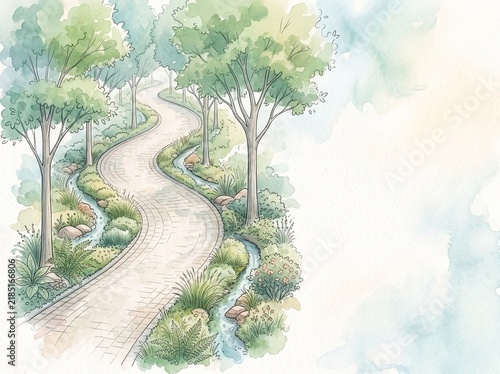 Watercolor illustration of winding path through green park with trees and stream. Sustainable urban landscape design with shade and greenery for climate adaptation and heat resilient city concept.