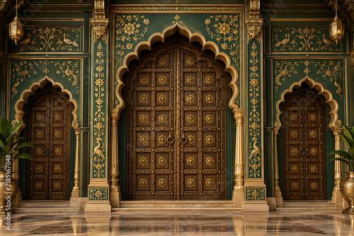 luxurious Rajasthani palace gate section, emphasizing the rich materials and textures