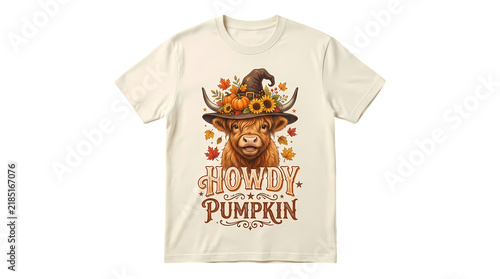 Highland cow wearing witch hat pumpkins sunflowers autumn leaves howdy pumpkin t shirt.
