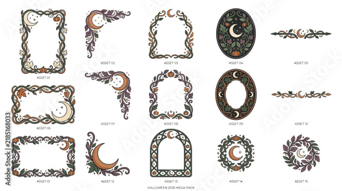 Mystical celestial frames and borders, 15 floral moon vector elements, bohemian botanical wreath set for wedding stationery isolated on White Background Halloween