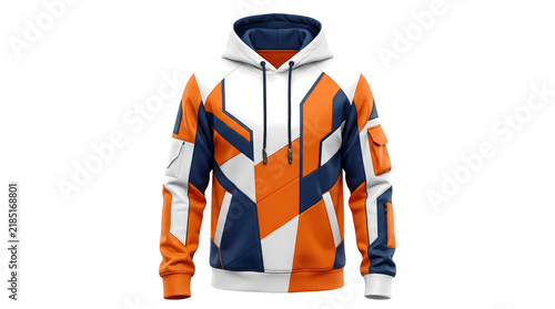 Modern geometric color block hoodie with orange blue white design streetwear style.