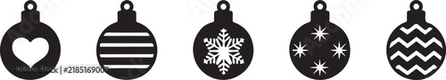 Set of five black and white flat christmas tree ornaments with different decorative patterns
