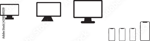 Set of responsive digital device icons including computer monitors and smartphones