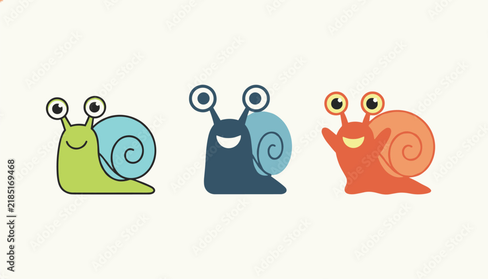 Fototapeta premium Three adorable cartoon snails in green, blue, and orange colors with friendly expressions on a light cream background.