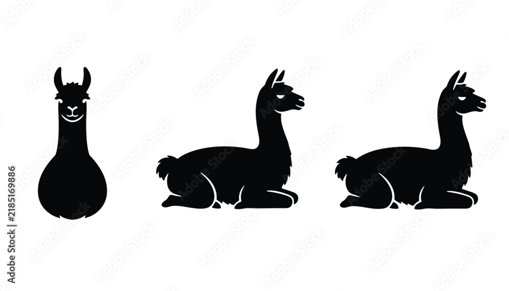 Fototapeta premium Three black silhouettes of llamas showing one front view and two side views of them sitting down on a white background.
