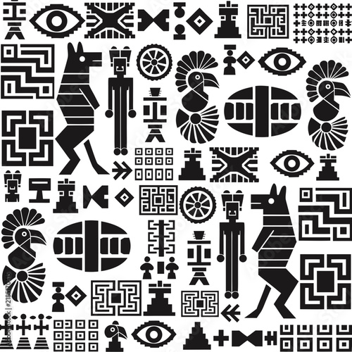 Vector monochrome set of native american symbols. Pattern totem of the peoples of Central and South America, Aztecs, Maya, Incas. white background